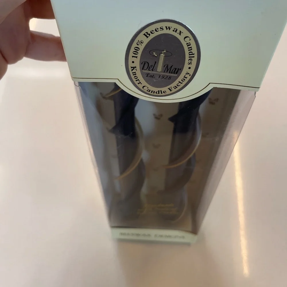 New in box Del Mar Navy Blue gold spiral Taper Candles Handmade Beeswax Set of 2_3
